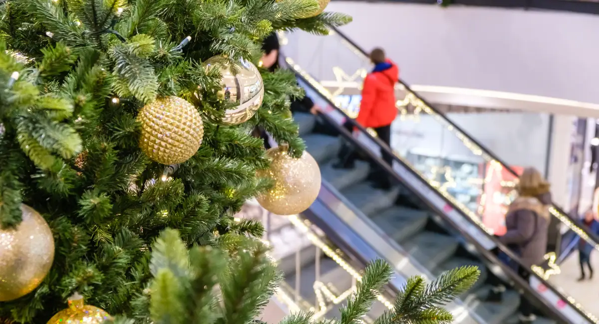 Christmas tree next to an elevator