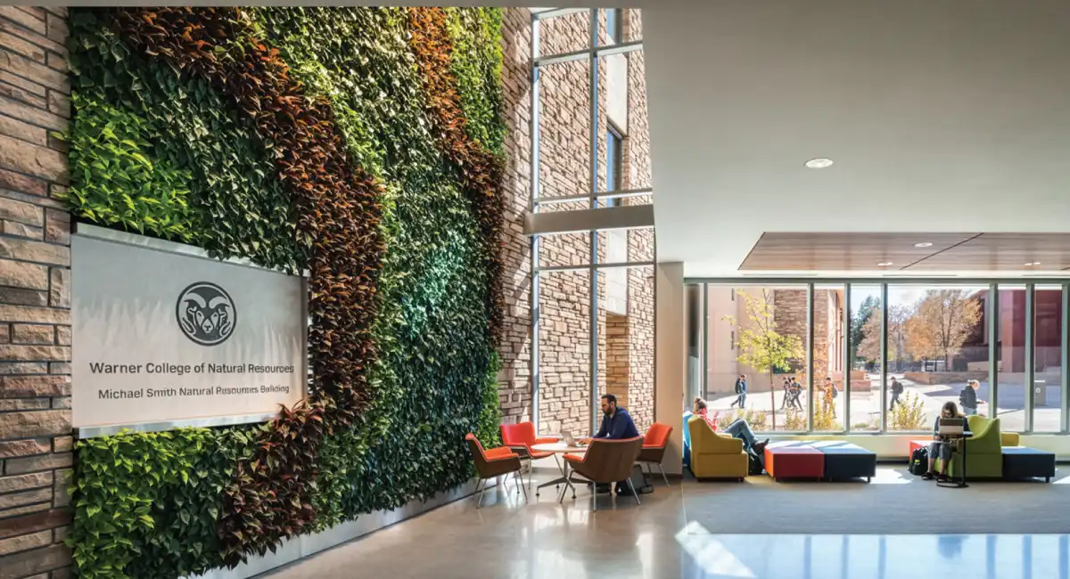 Wall of plants in a university lobby