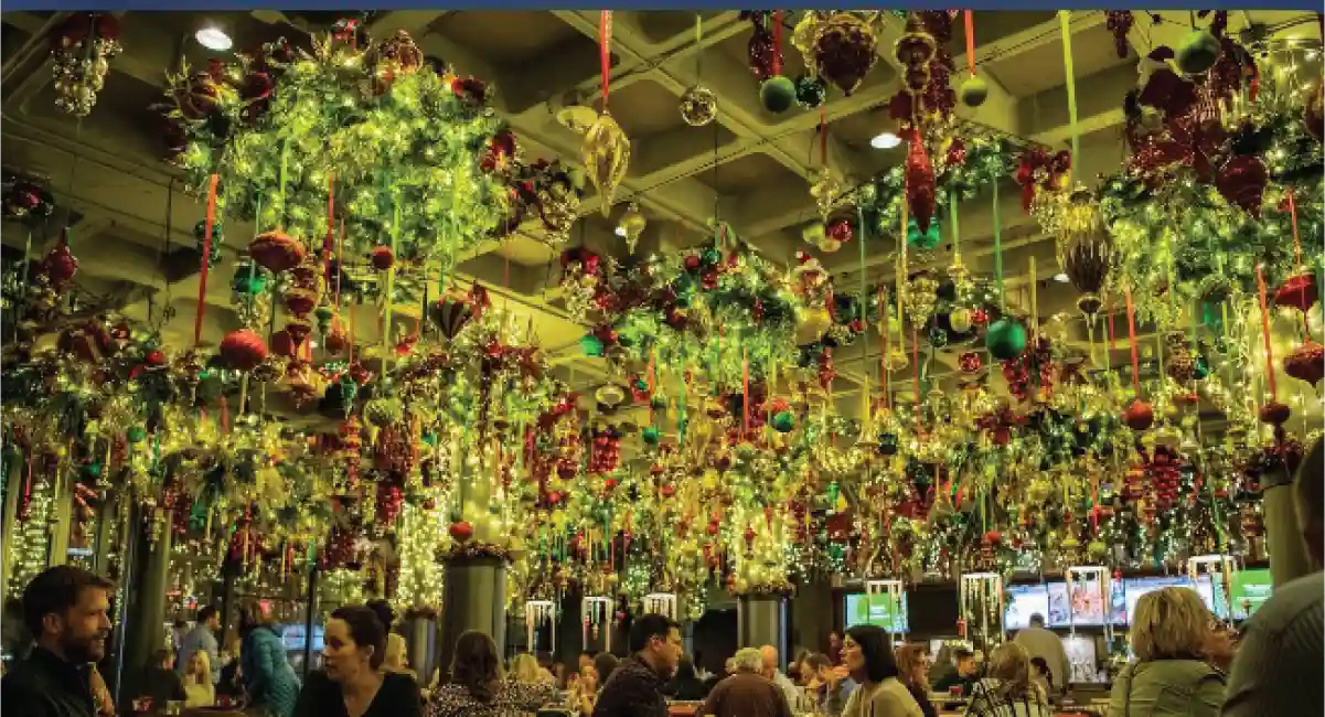 Christmas decors in restaurant ceiling