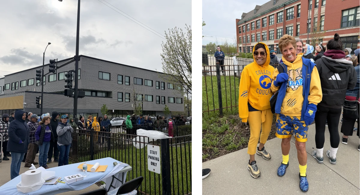Excited Chicago educators wait in line wearing their school pride gear on container donation day .