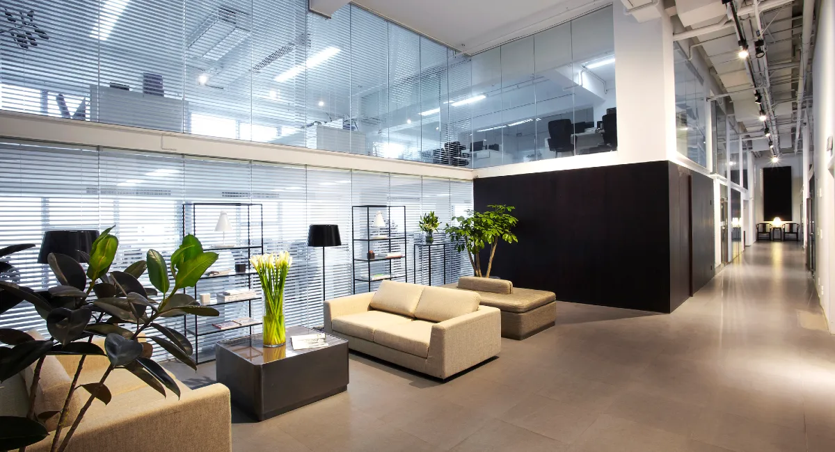 Stock image of office waiting area with decorative live plants