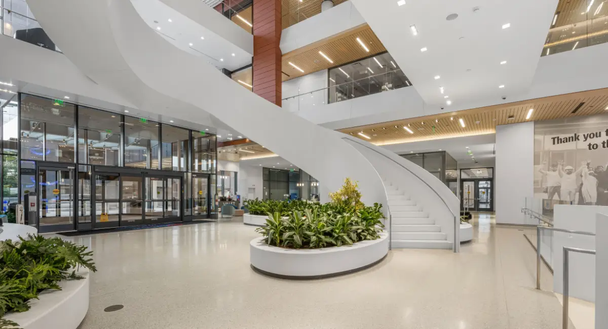 Green planter beds staged throughout the lobby of a university's new cancer center. 