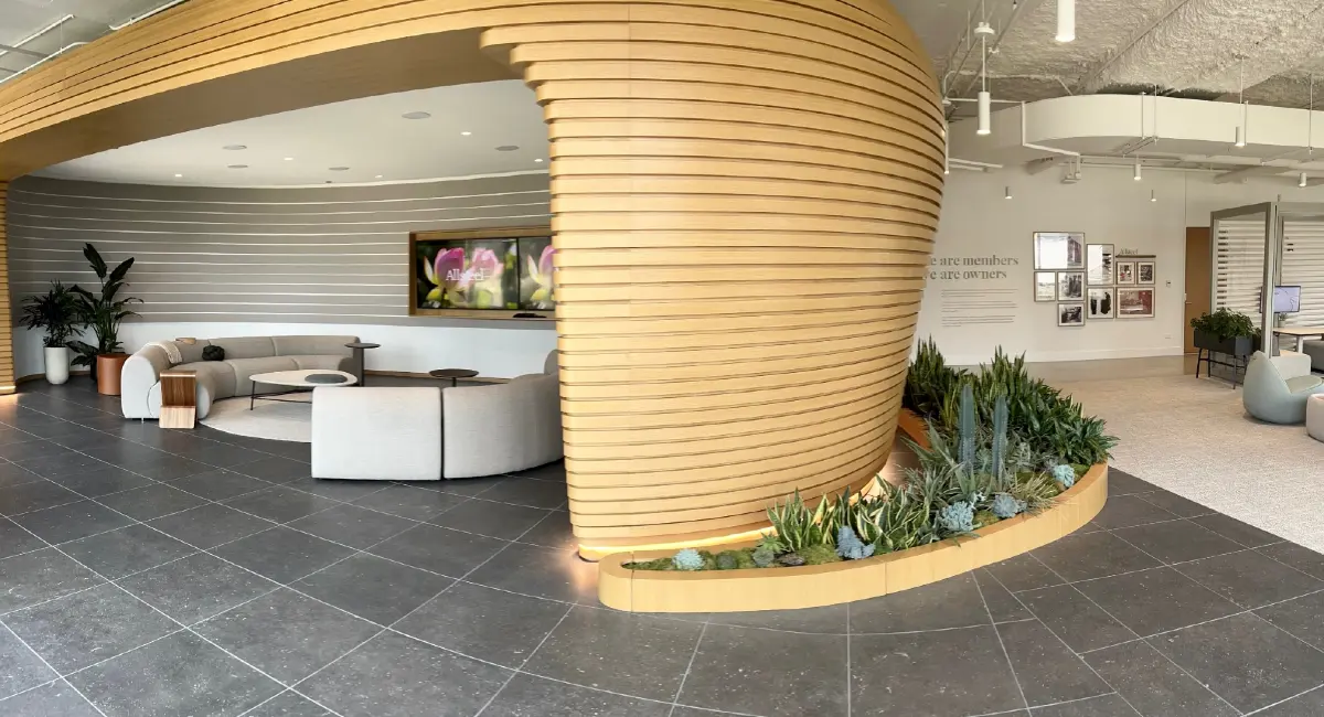 Live plant trough in office lobby