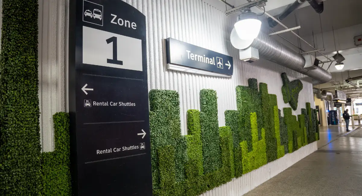 Green wall of Houston skyline and space shuttle
