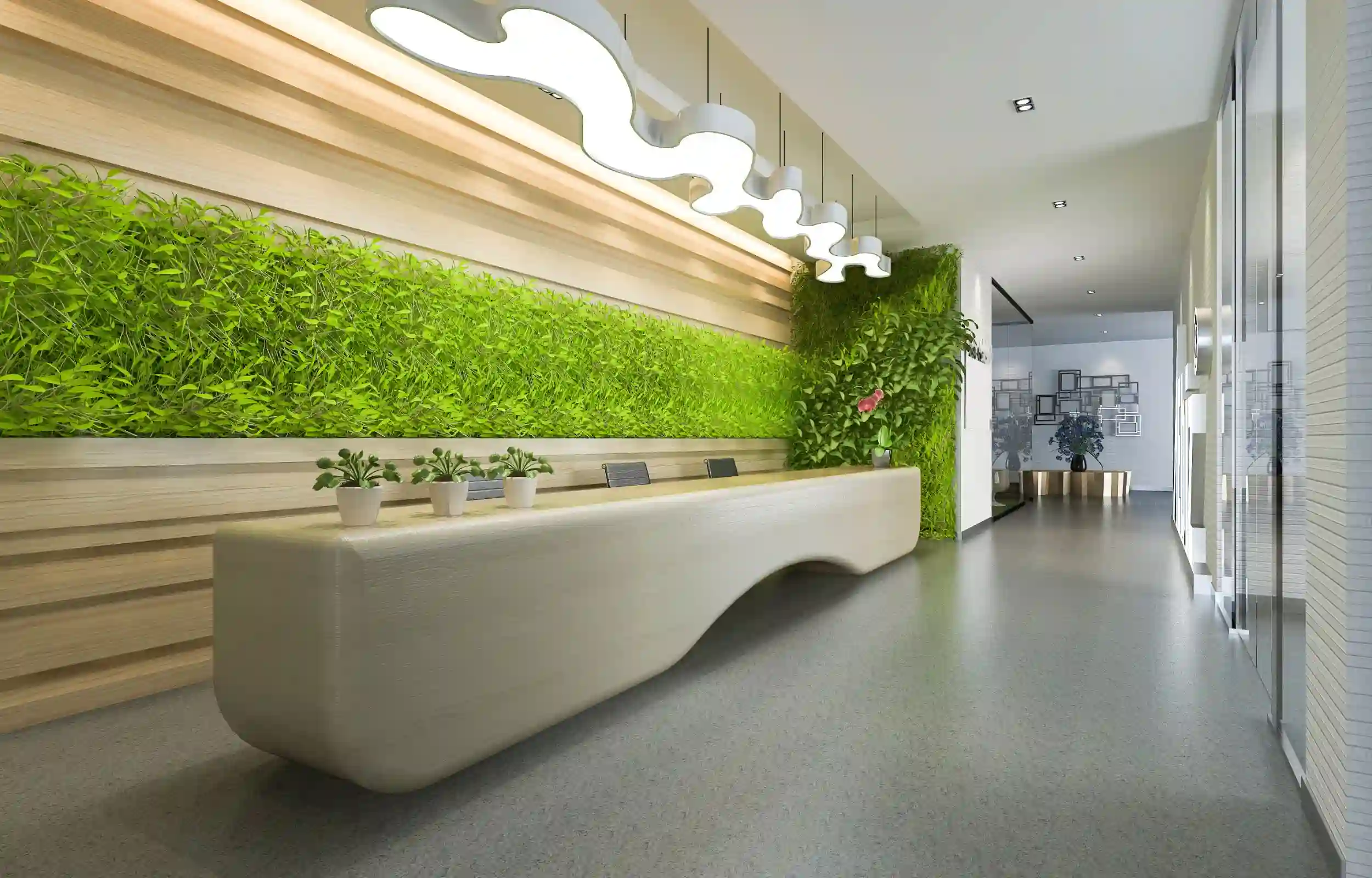 Biophilic green wall behind reception desk