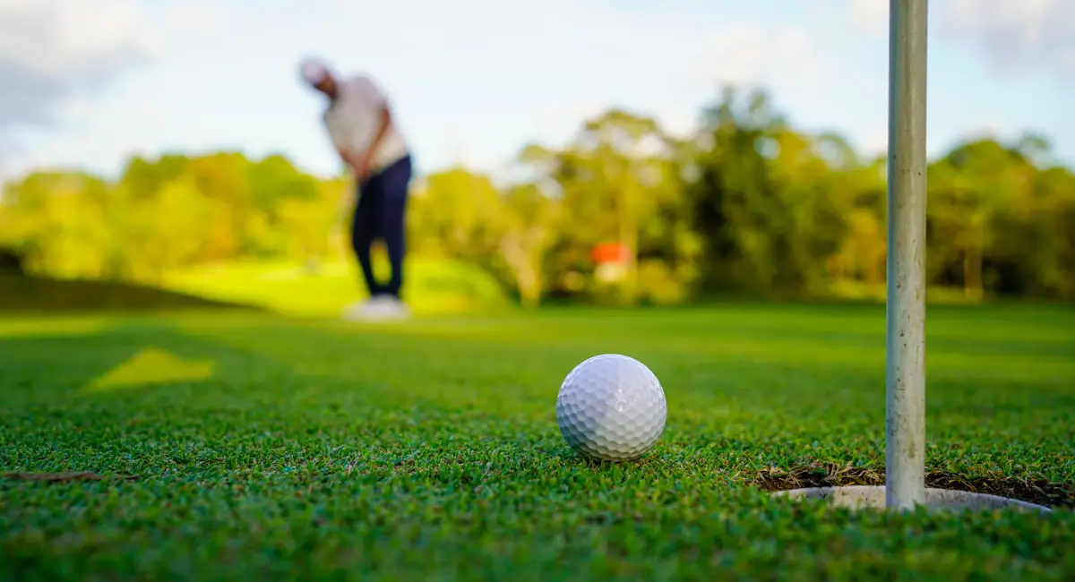 Stock image of man on golf course hitting ball into hole