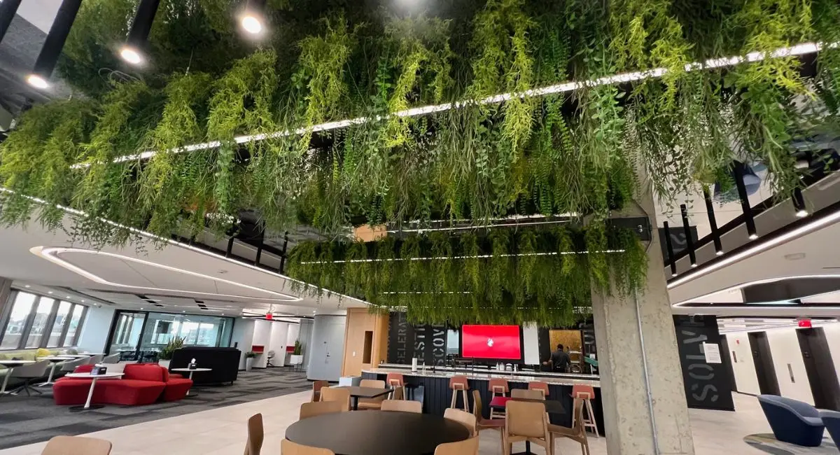 Hanging replica plants in sitting area