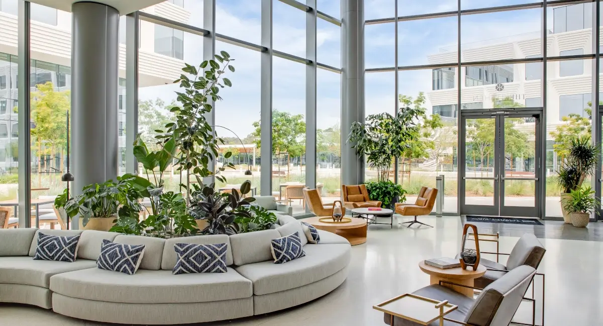 Indoor greenery in biotech courtyard
