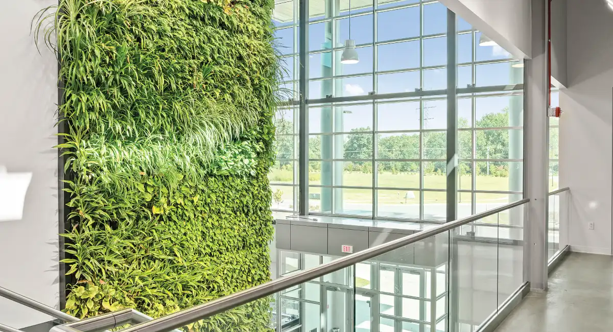 Wall of plants in a hotel lobby