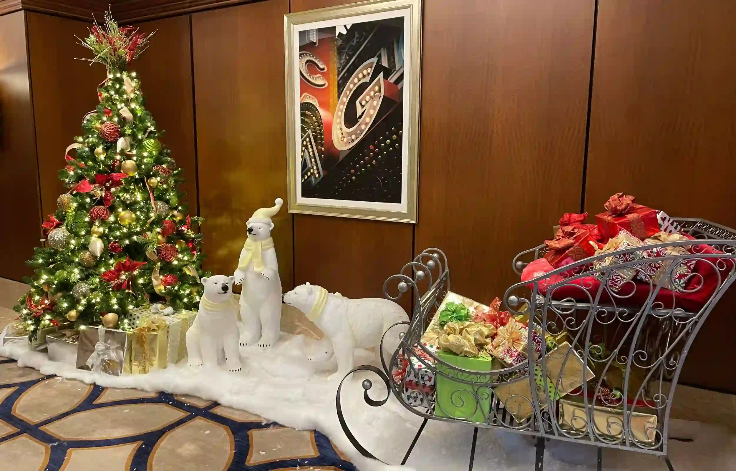Holiday decorations in office lobby