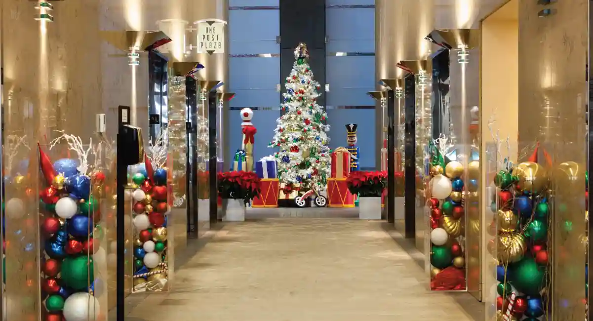 Christmas themed decorated hallway