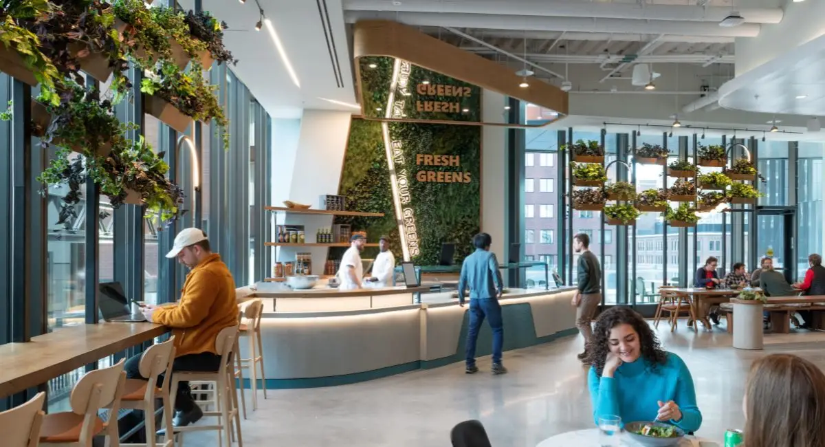 Green wall in office building cafeteria