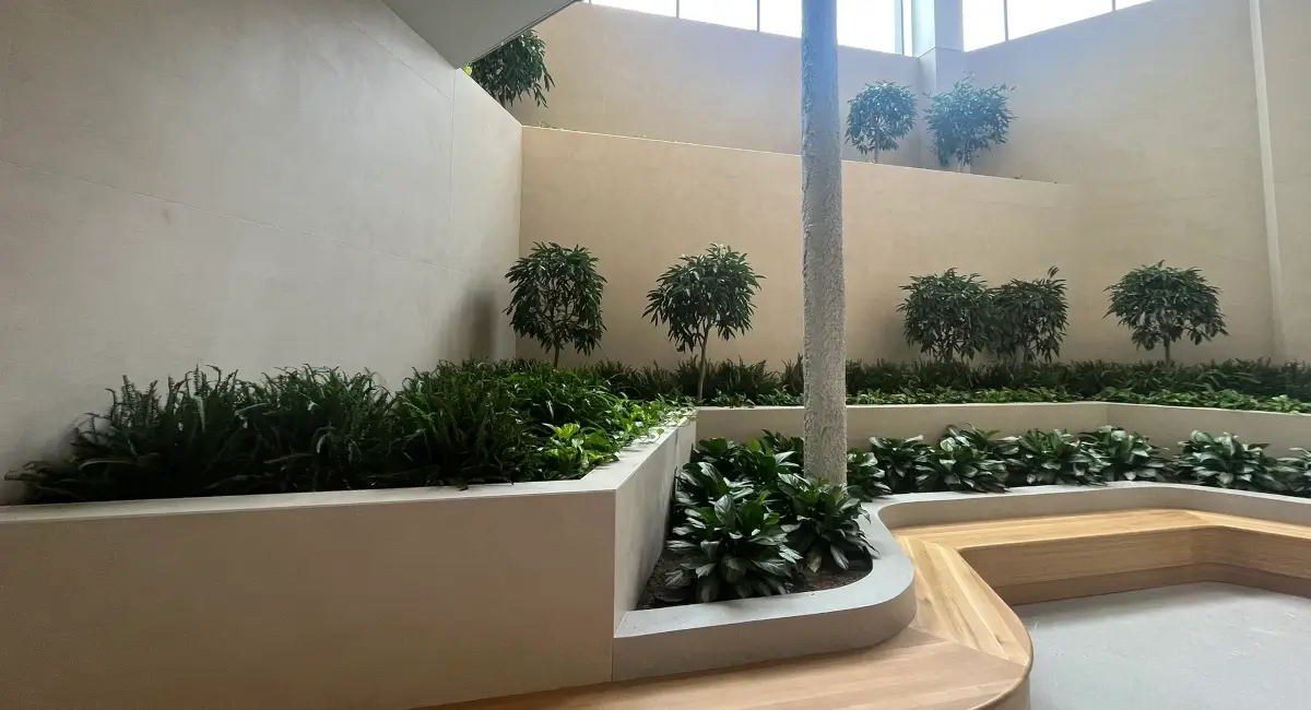 Biophilic atrium design with tiered concrete planters, indoor trees, and integrated wooden bench seating.