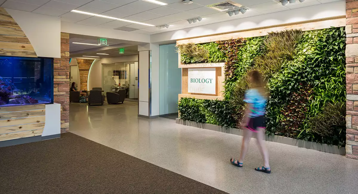 University biology department hallway featuring a living green wall with varied plant species and a Biology sign as a student walks past