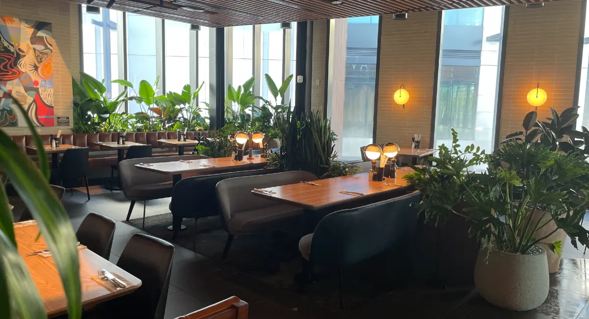 Restaurant seating area with live plants throughout