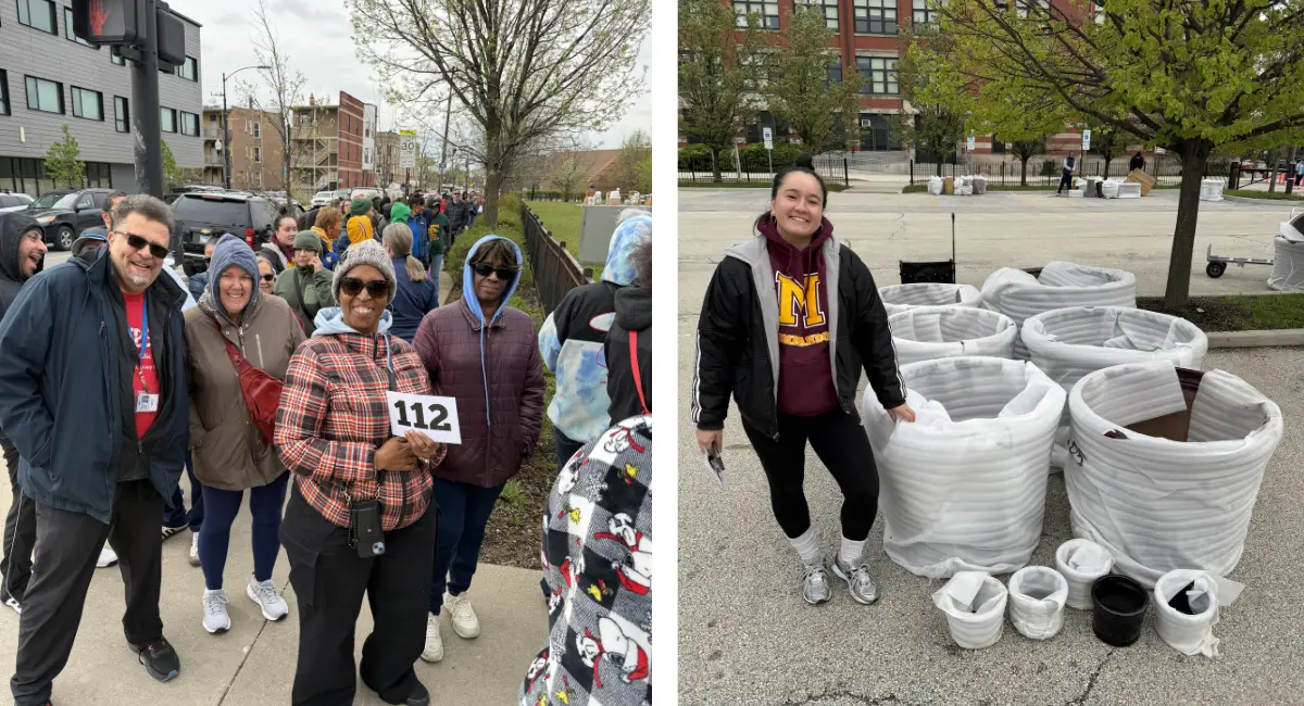 Chicago Public School educators waiting in line and receiving their plant containers.