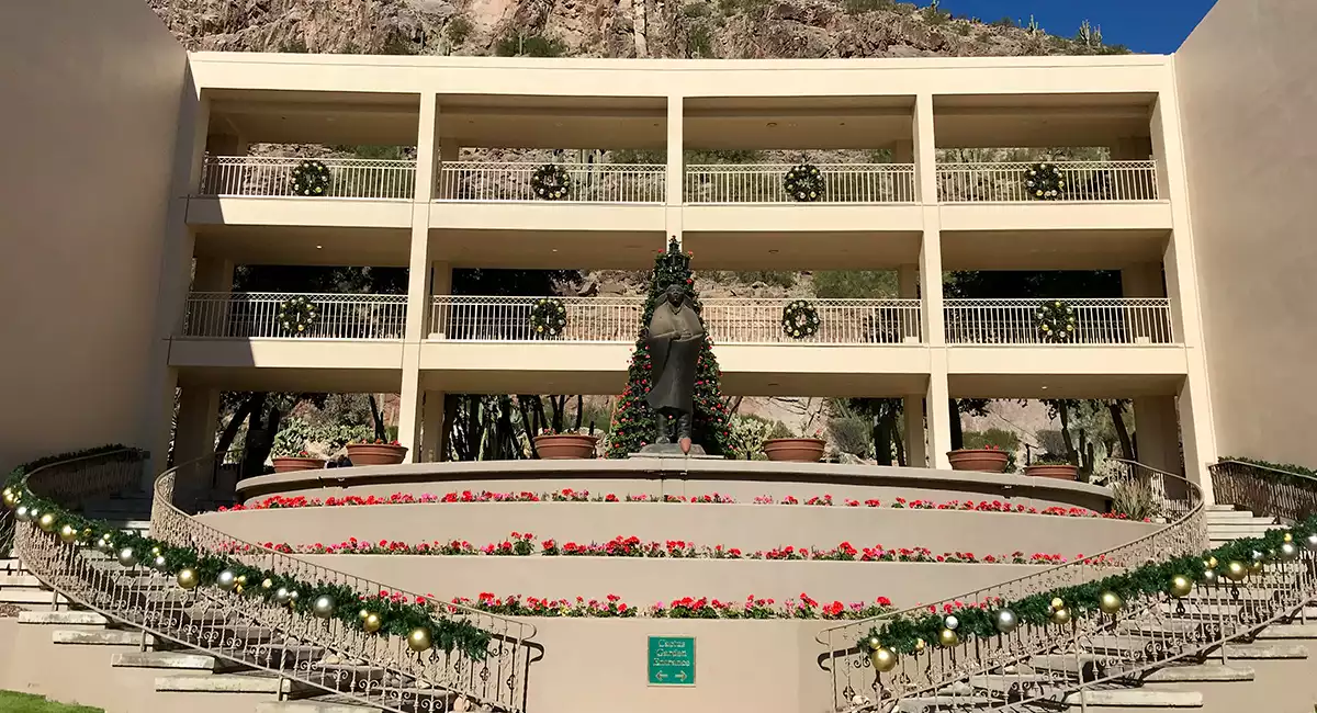Holiday decor on staircase and balconies