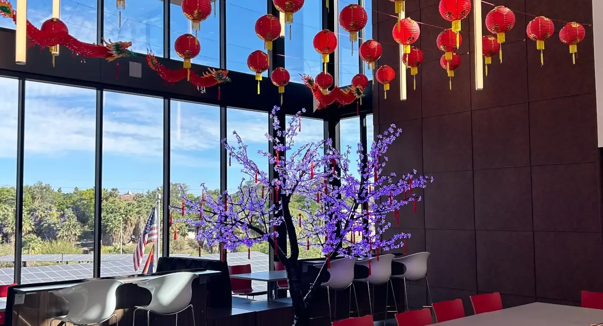 10' tall, lit Cherry Tree under a sky of paper lanterns