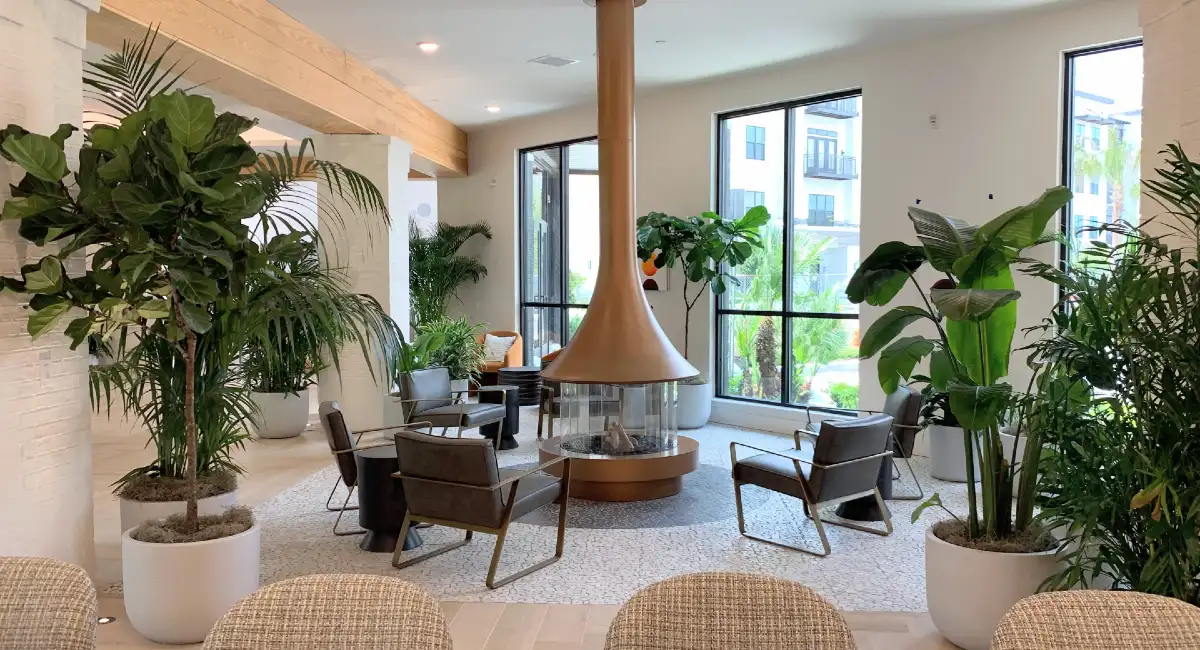 Fire pit surrounded by chairs and plants 