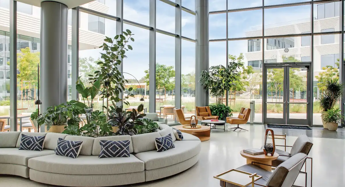 Spacious lobby with plants