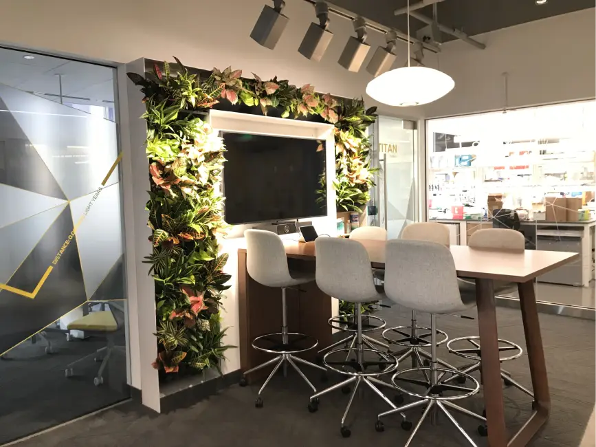 Living green wall around computer monitor in sitting area
