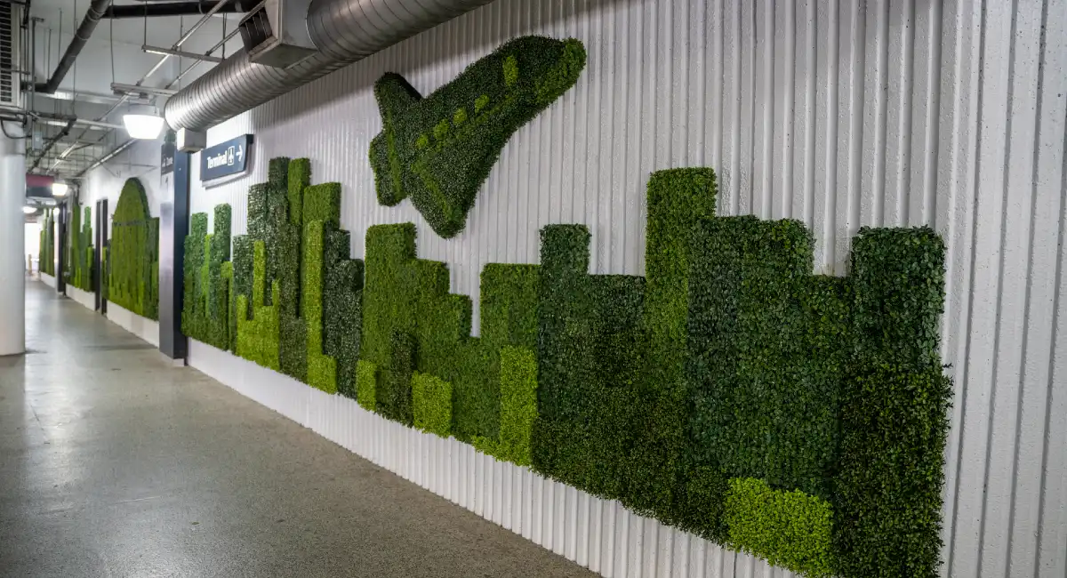Green wall of Houston skyline and space shuttle