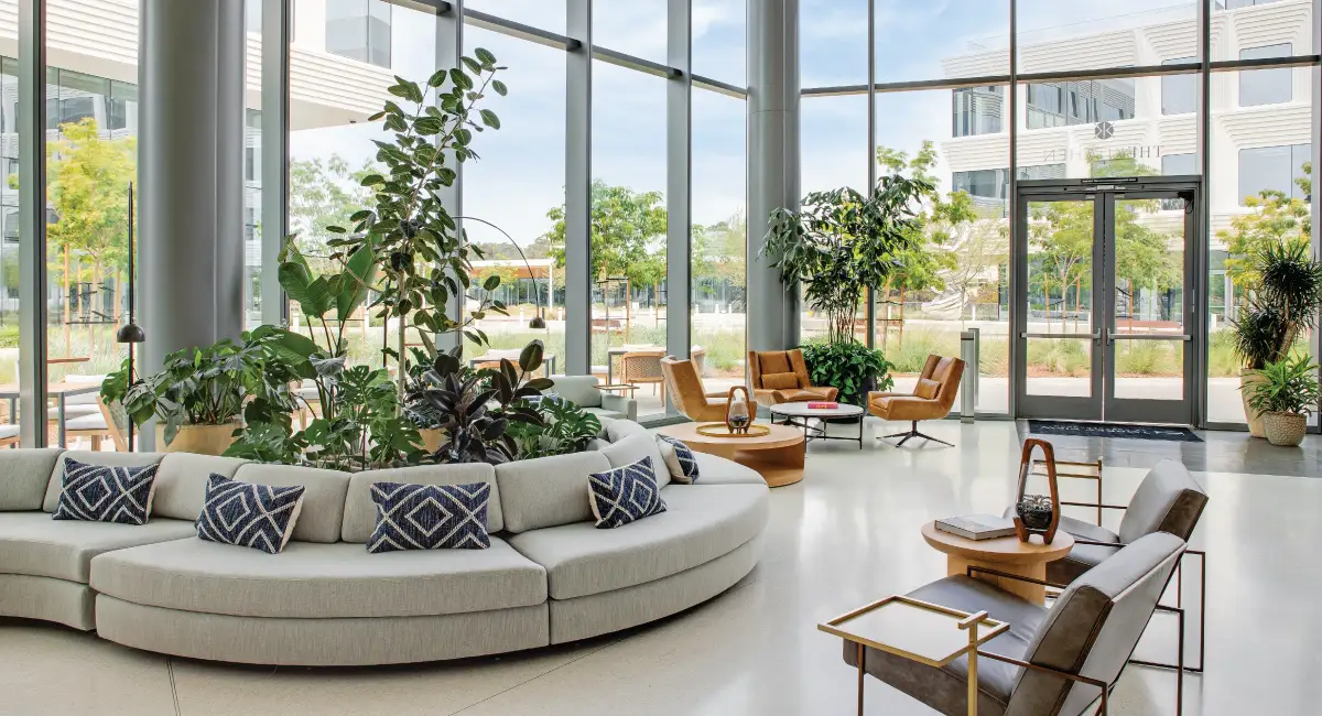 Spacious lobby with various plants