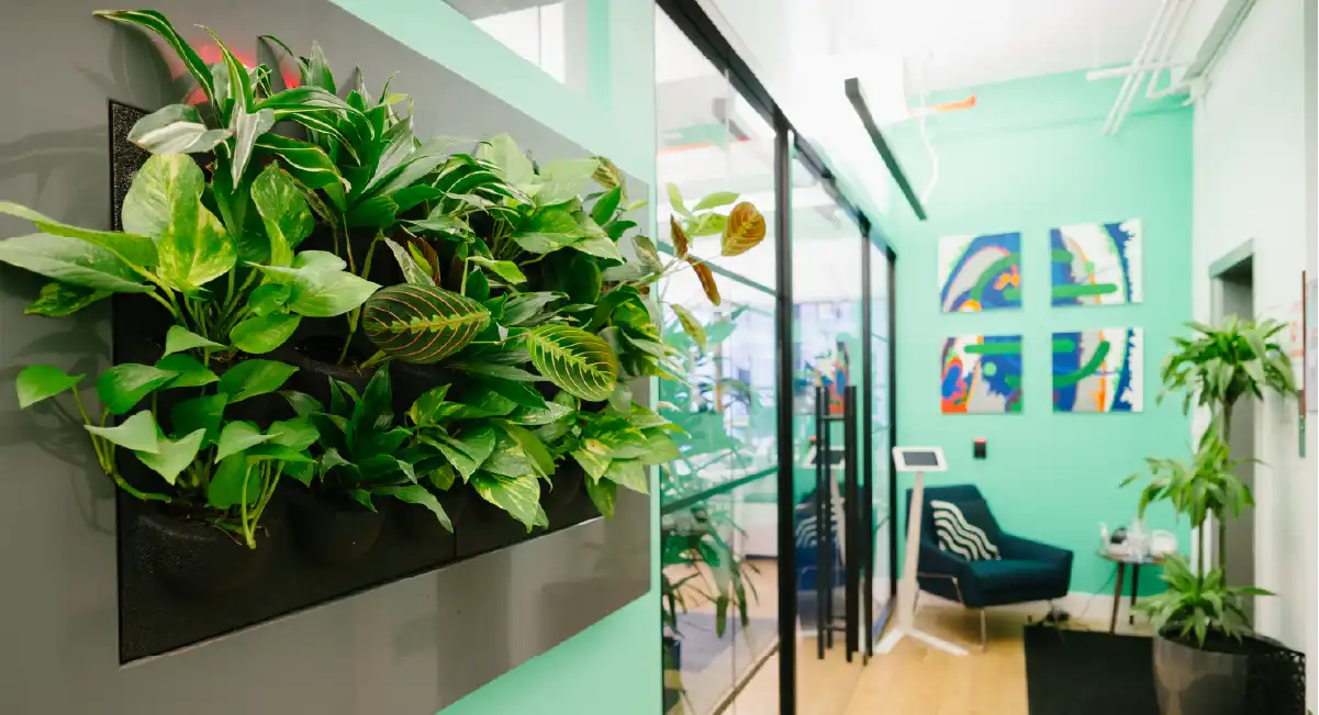 Vertical living wall and potted plants adding greenery to a modern office interior.