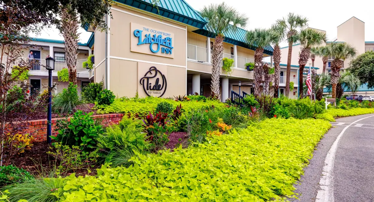Exterior view of The Litchfield Inn featuring professional tropical landscaping and palm trees.
