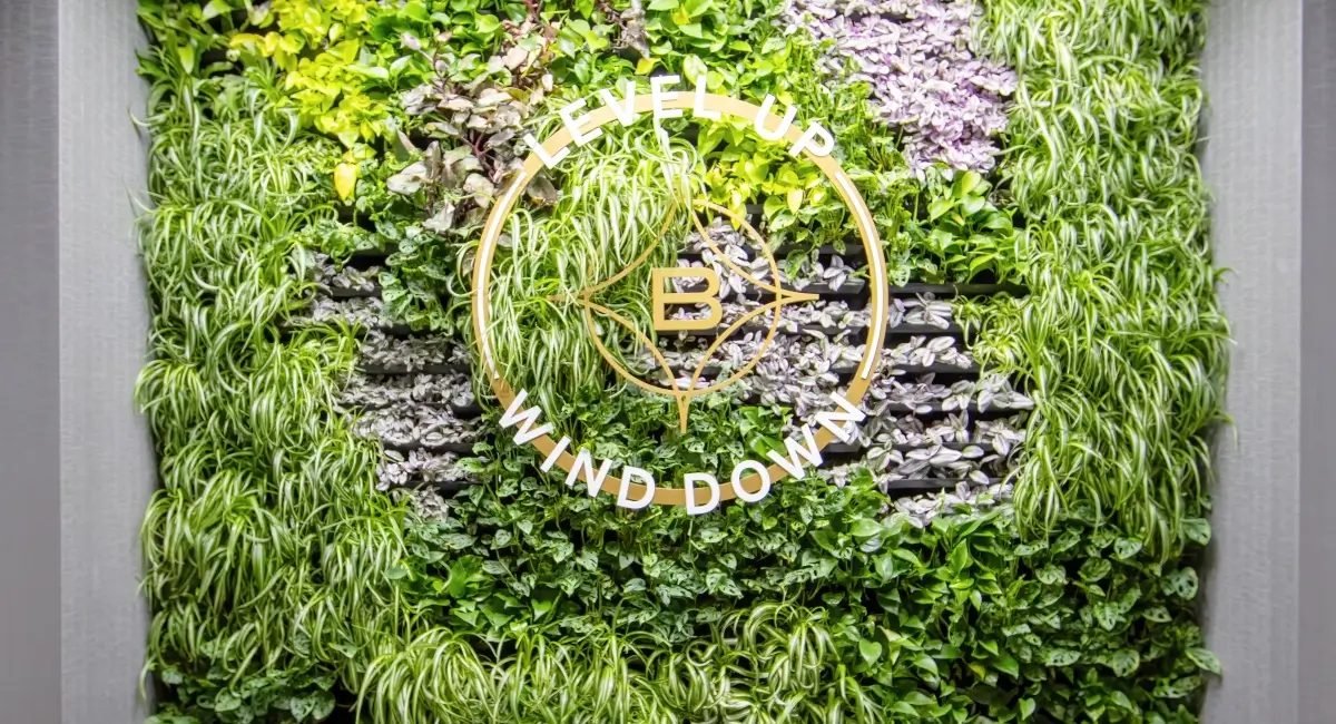 A vibrant green living wall with a variety of textures and a gold "Level Up Wind Down" logo.