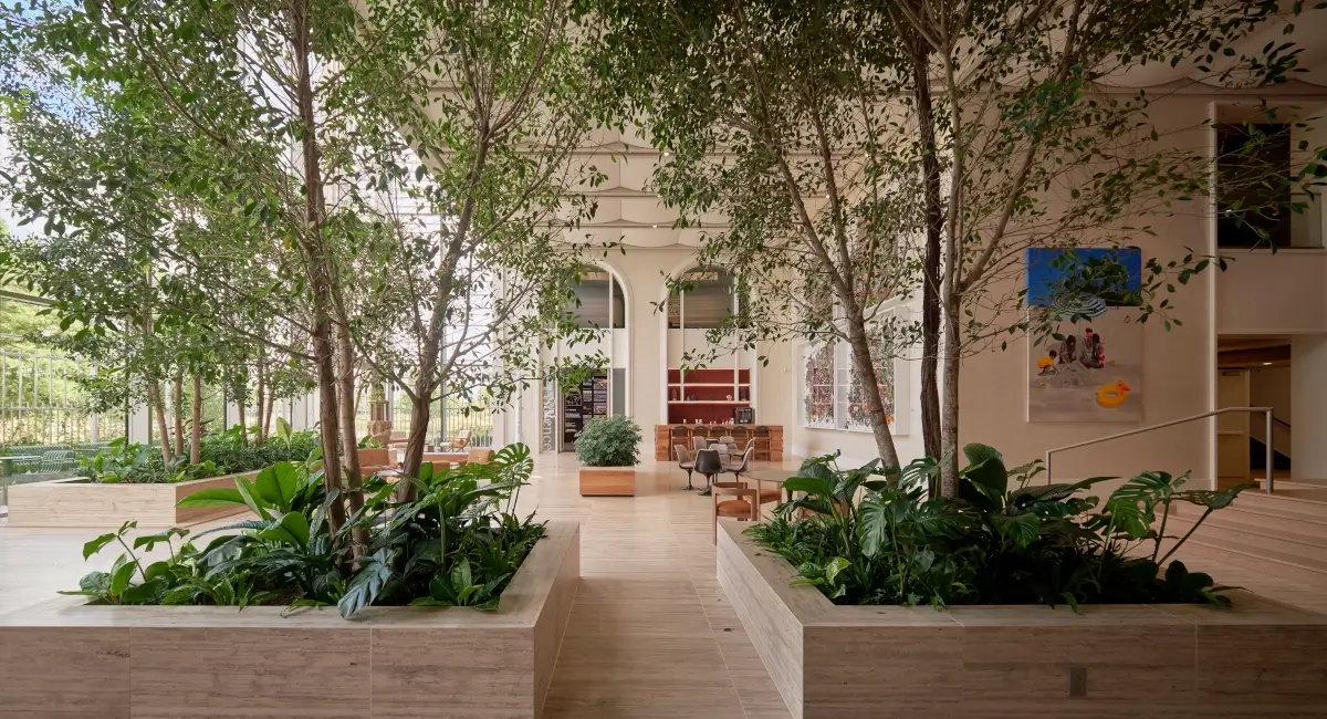 Bright, open-concept atrium with indoor landscaping including tall trees and monstera plants in stone planters.