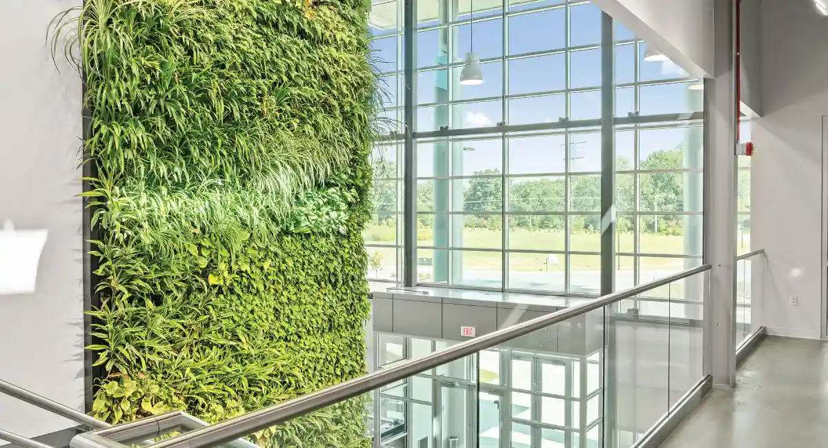 Wall of plants in a hotel lobby