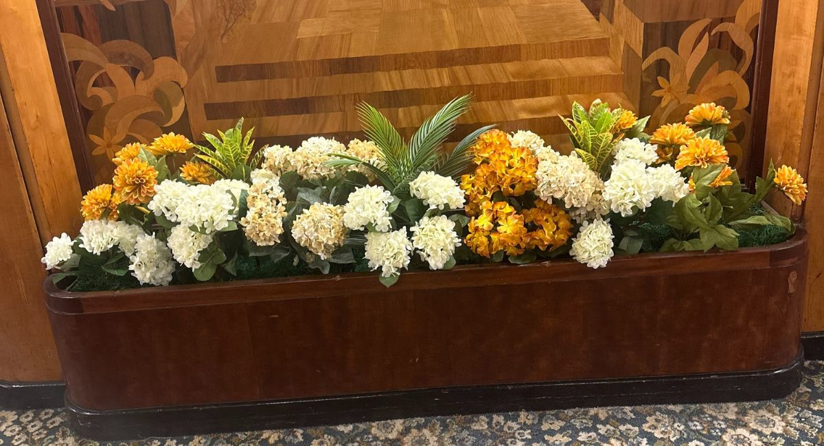 Live plants in wood planter on the Queen Mary ship
