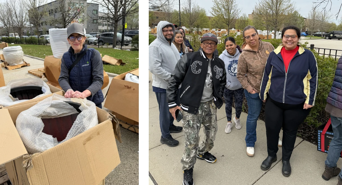 An Ambius colleague preparing a box of containers on the left. On the right, Chicago educators wait excitedly in line on container donation day .