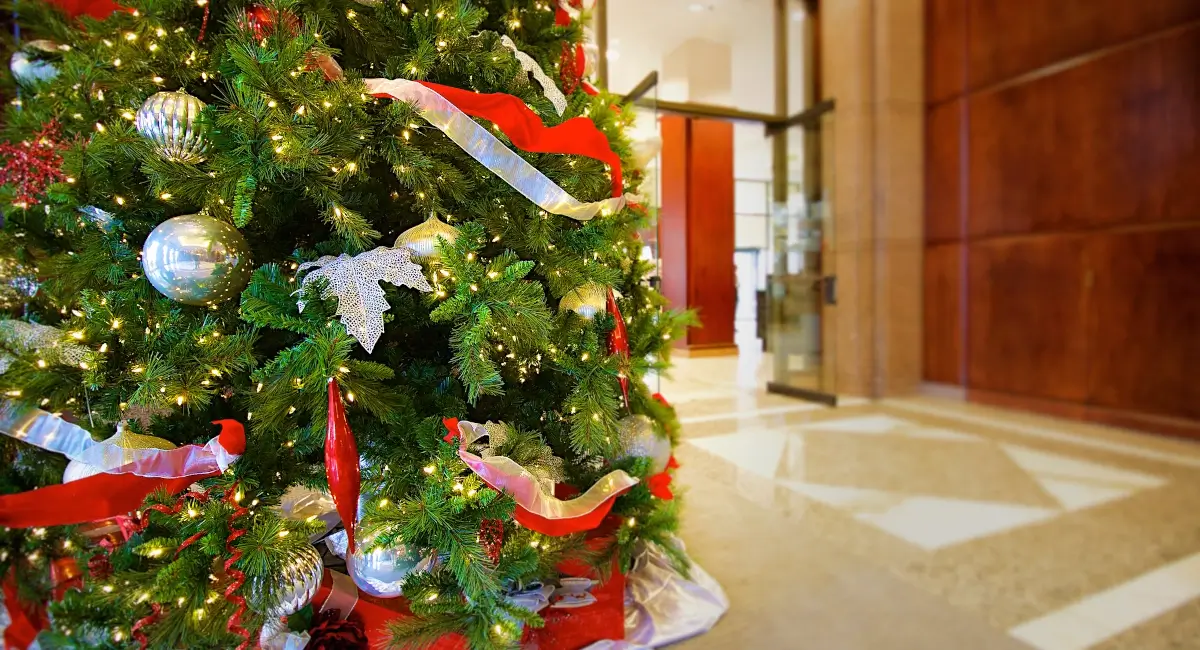 Christmas tree in lobby of the Boston Symphony