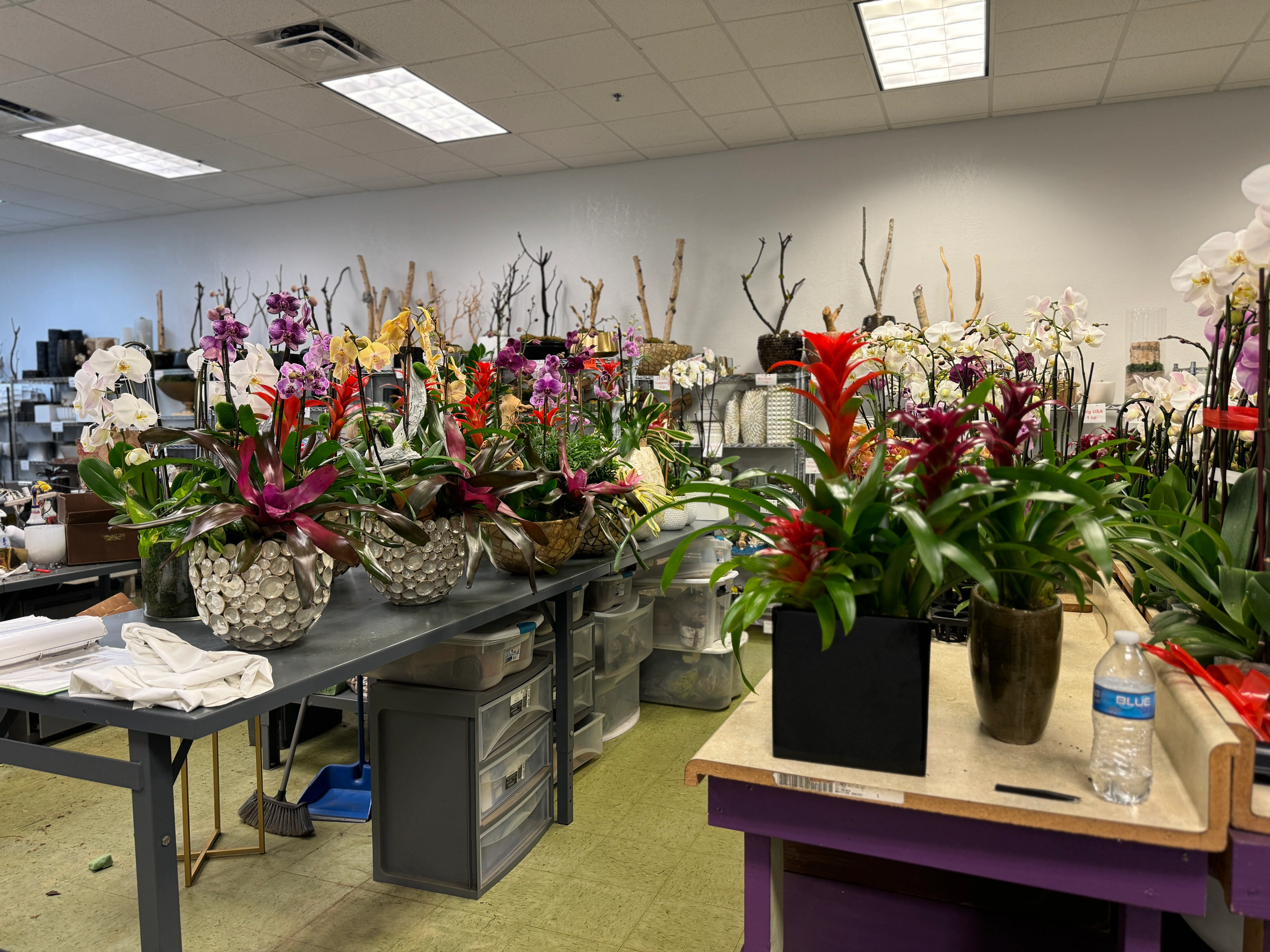 stock room filled with commercial floral design pieces