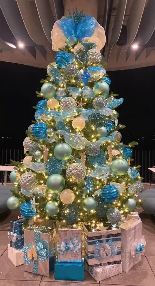 White and sky blue decorated Christmas tree